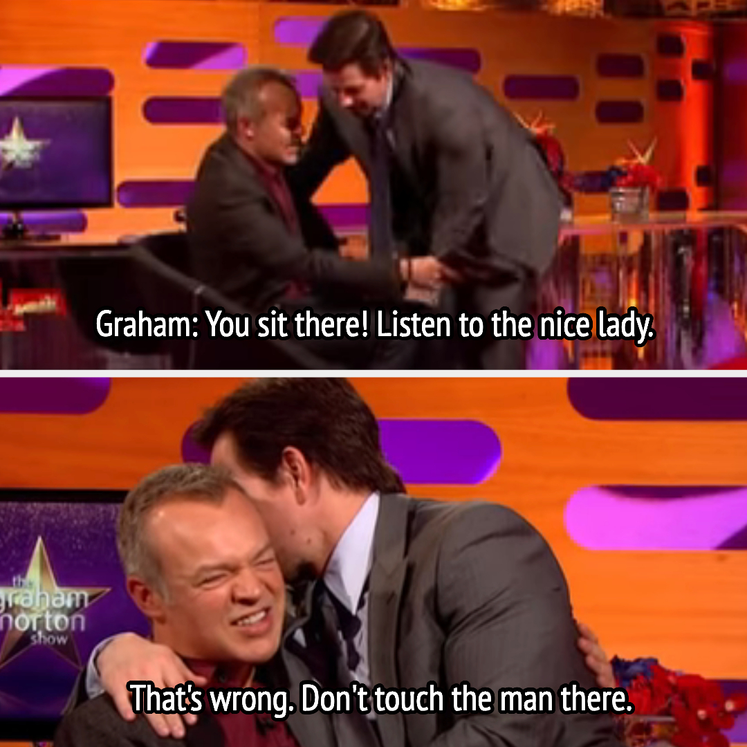 Graham: &quot;You sit there! Listen to the nice lady&quot; and &quot;That&#x27;s wrong; don&#x27;t touch the man there&quot; as Mark sits in his lap