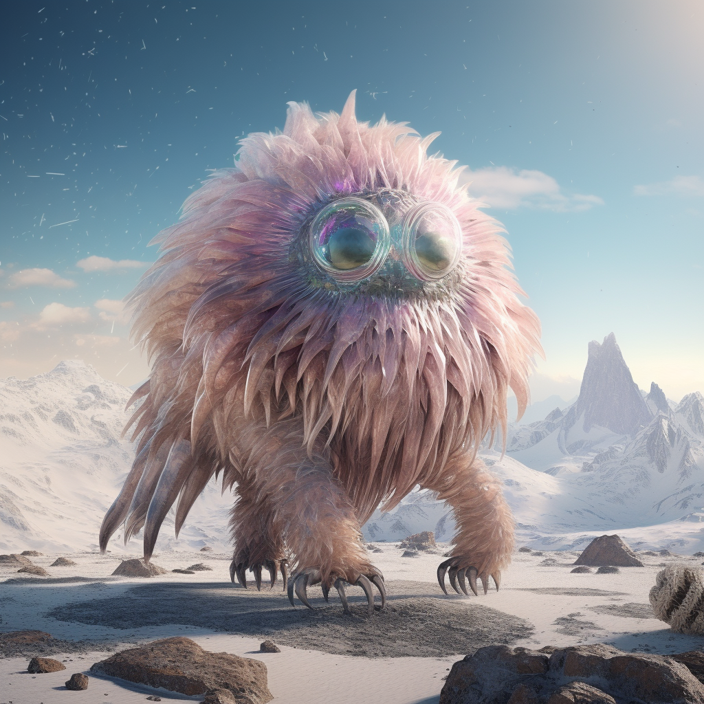 This alien is very large and very hairy, with three legs and eyes that look like googly eyes
