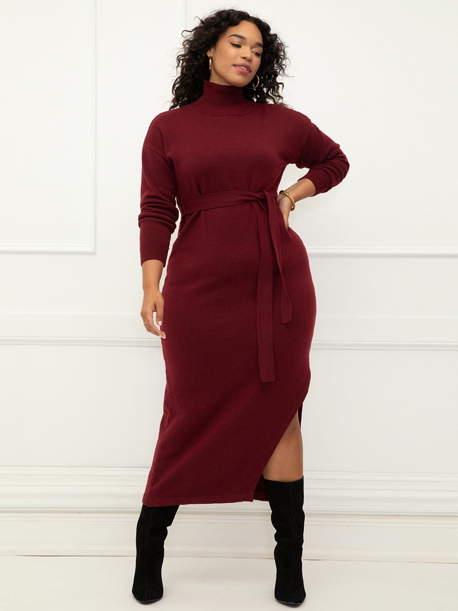 a model wearing the dress in burgundy