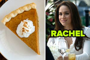 On the left, a slice of pumpkin pie topped with whipped cream, and on the right, Meghan Markle as Rachel on Suits