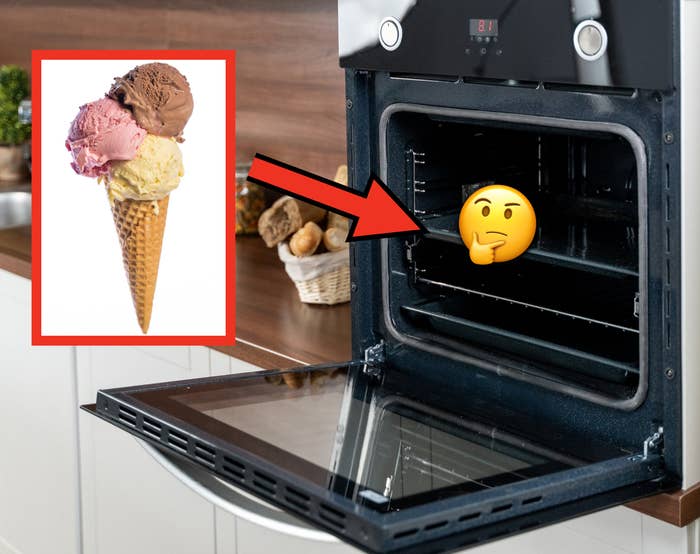 stock image of ice cream and oven side by side with arrow point to oven