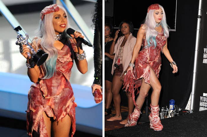 lady gaga on and off stage wearing the dress made of meat