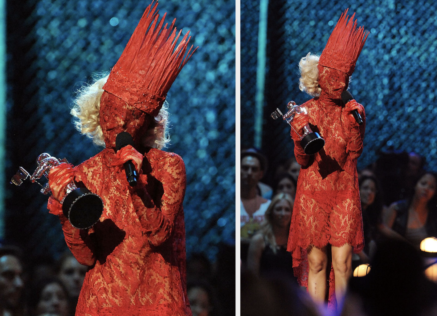 lady gaga&#x27;s face covered speaking into a mic on stage