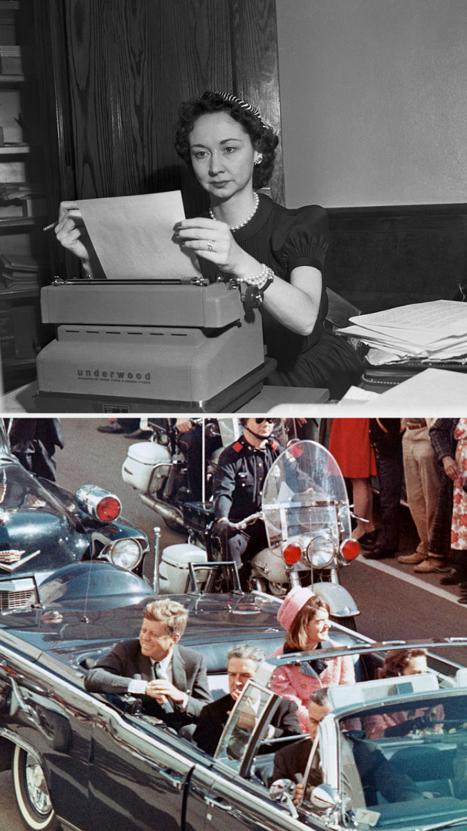 Kilgallen using a typewriter in the &#x27;50s; Kennedy and Jacqueline Kennedy Onassis on day of JFK&#x27;s assassination