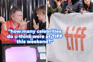 From left: Ethan Hawke and Maya Hawke count on their fingers, fans wait behind a TIFF barricade on King Street. Text overlay: "how many celebrities do u think were at TIFF this weekend?"
