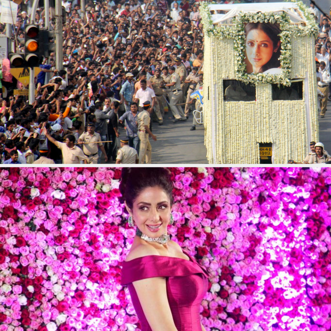 Sridevi fans paying respects after her death; Sridevi on a red carpet in 2017