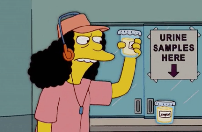 An animated person holding a urine sample