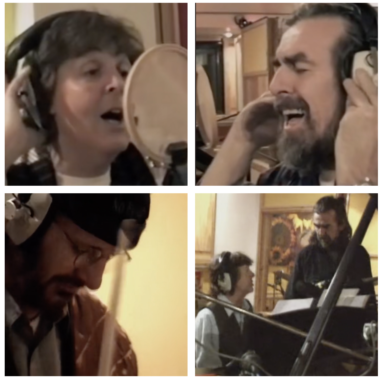four photos of the members recording the song