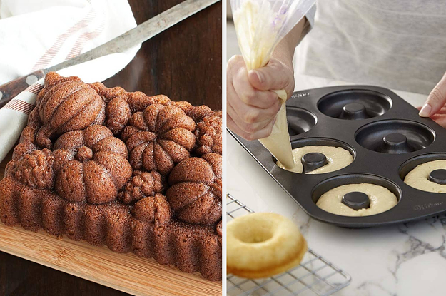 to the left: a pumpkin bread with gourds on the bottom, to the right: donut pans