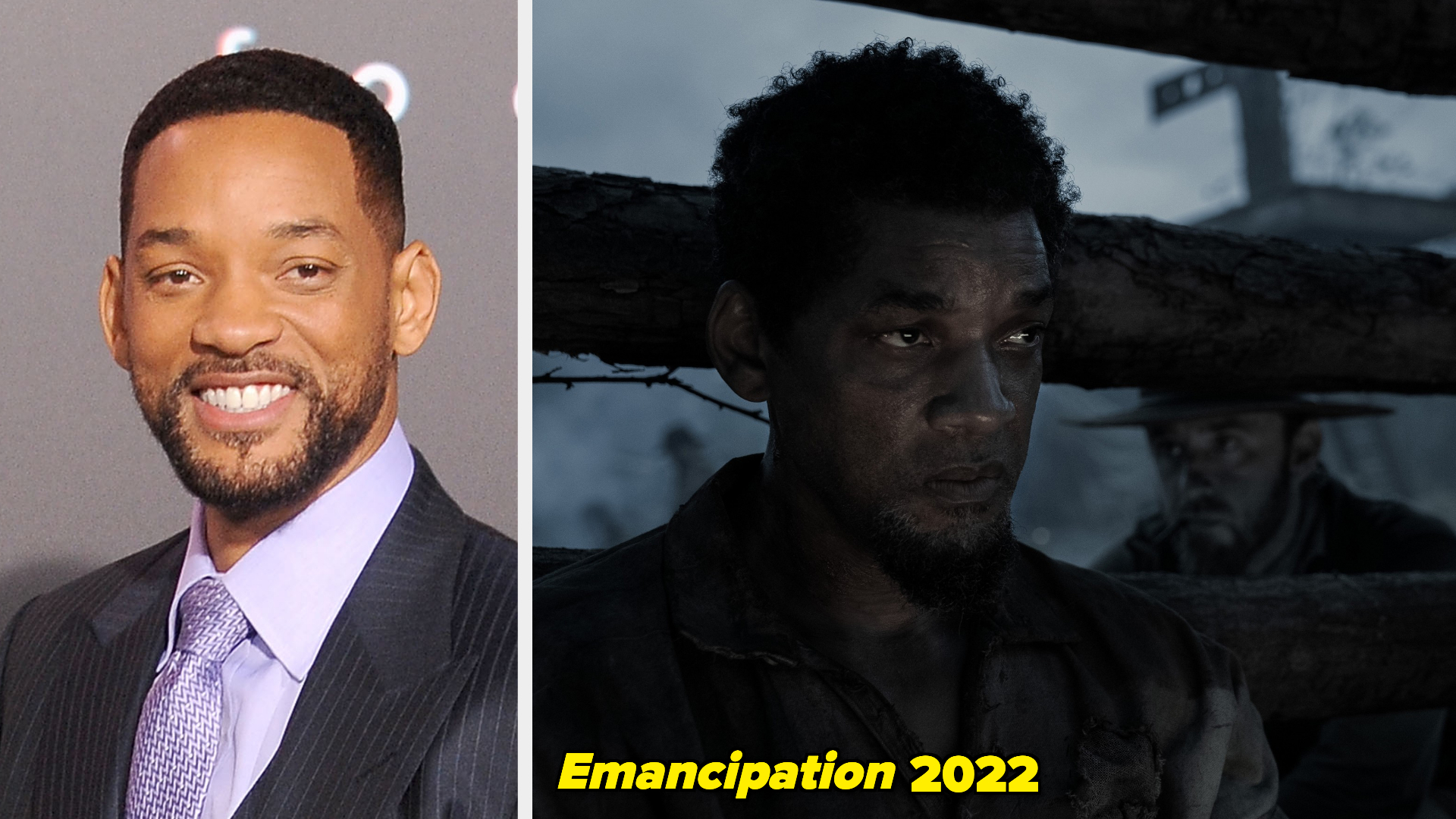 Will Smith on the left smiling in a suit, and in a movie still from &quot;Emancipation 2022&quot; on the right