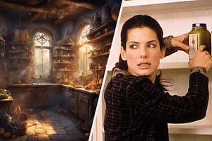A witchy kitchen and Sandra Bullock in "Practical Magic"