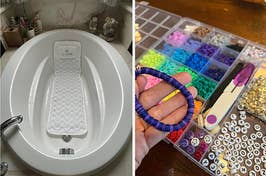 to the left: a full length bath pad, to the right: a colorful bracelet making kit
