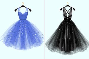 Short dress with tulle straps and a large tulle skirt, next to a separate image of a long dress with tulle straps and a long tulle skirt