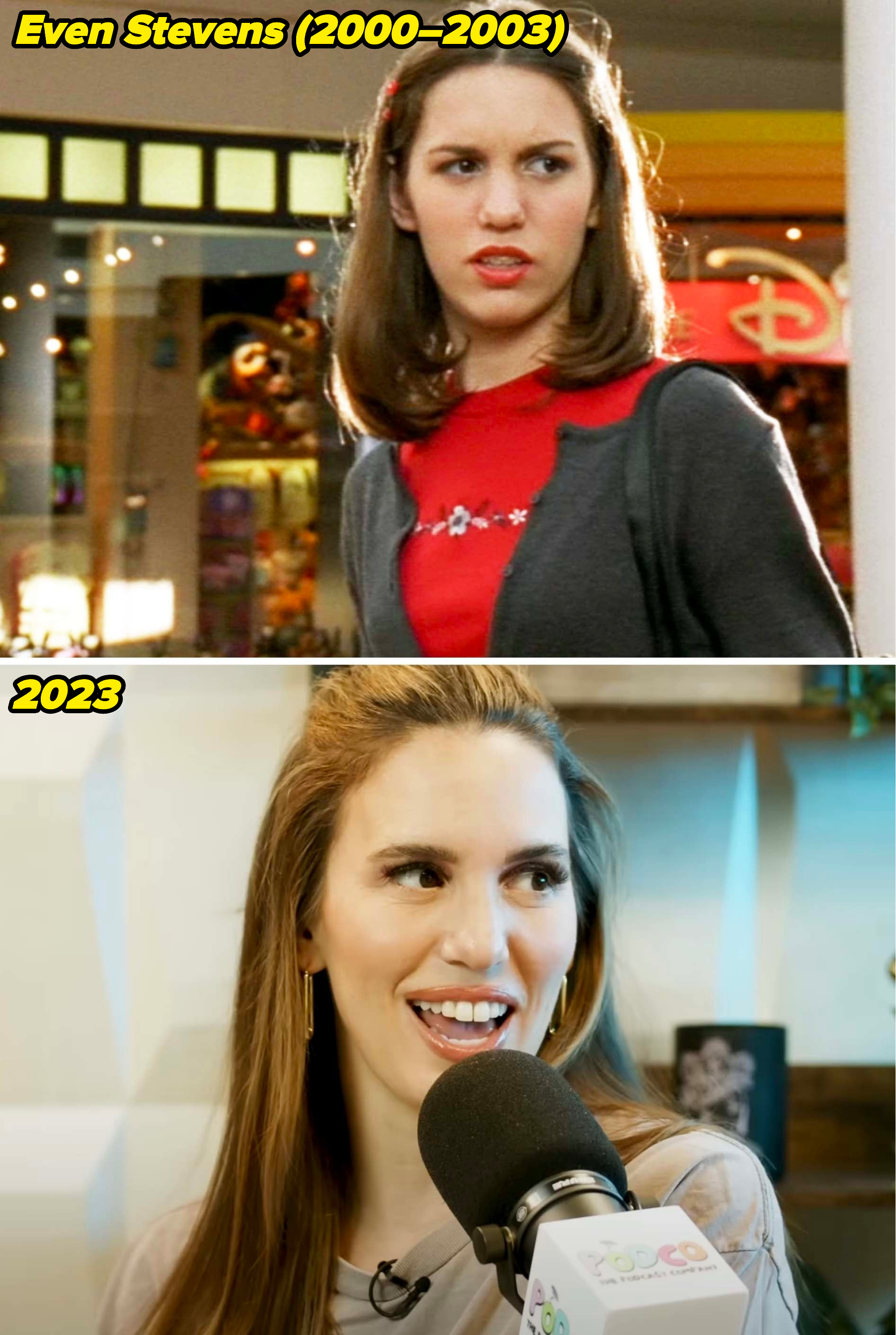 Christy on Even Stevens from 2000–2003 and speaking into a microphone in 2023