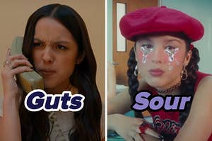 On the left, Olivia Rodrigo holding a phone to her ear in the Get Him Back music video labeled Guts, and on the right, Olivia at school desk in the Brutal music video labeled Sour