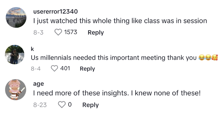 Commenters thanking Bailey for giving them insights into Gen Z