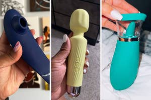 Hand holding blue suction vibrator, reviewer holding yellow mini wand vibrator and reviewer holding teal clitoral vibrator with tongue