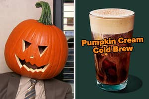 On the left, Dwight from The Office with a jack o lantern on his head, and on the right, a Pumpkin Cream Cold Brew from Starbucks