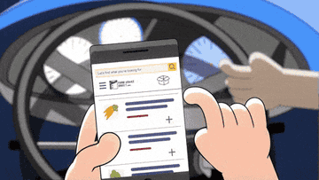 Animated person frantically online grocery shopping on mobile device.