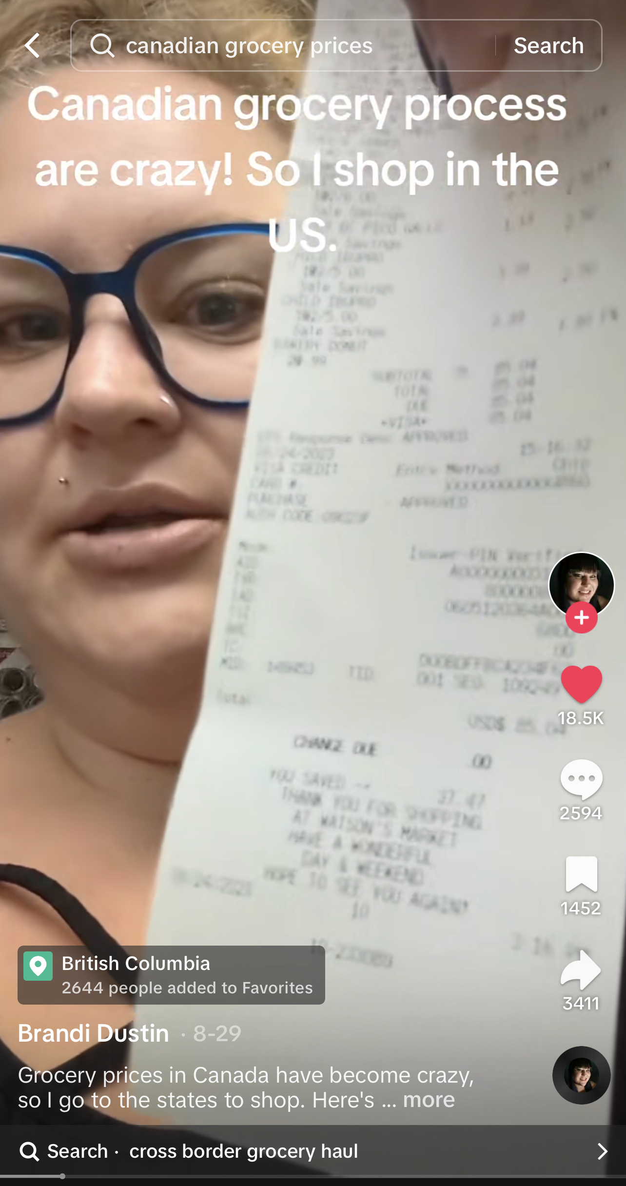 Brandi shows us a long grocery receipt in a screenshot from TikTok.
