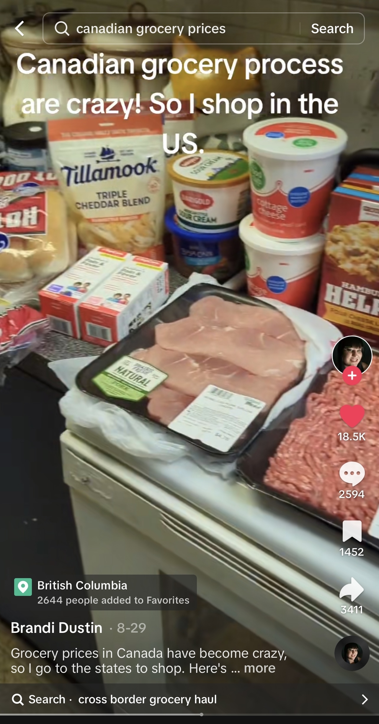 TikTok video screenshot displays a haul of groceries including pork chops, ground beef, cottage cheese, fresh salsa, and hot dog buns.