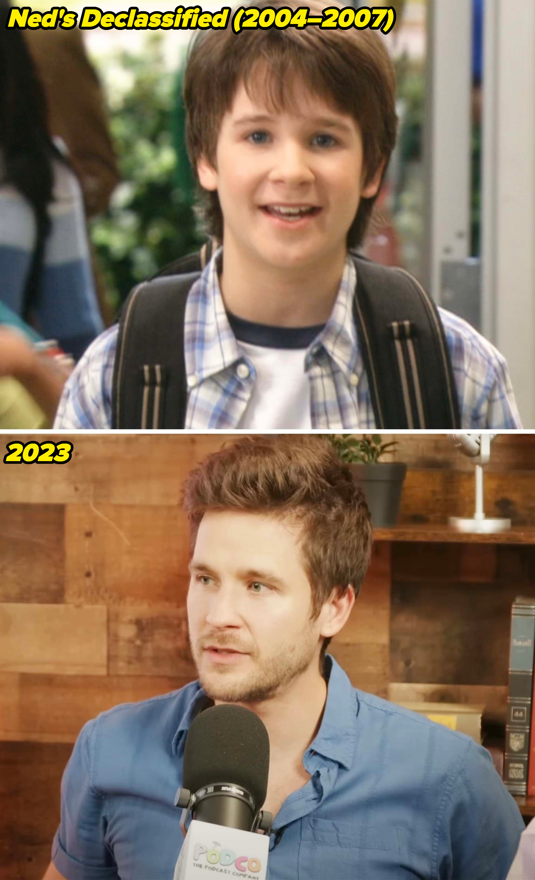 Devon in Ned&#x27;s Declassified School Survival Guide from 2004–2007 and speaking into a microphone in 2023