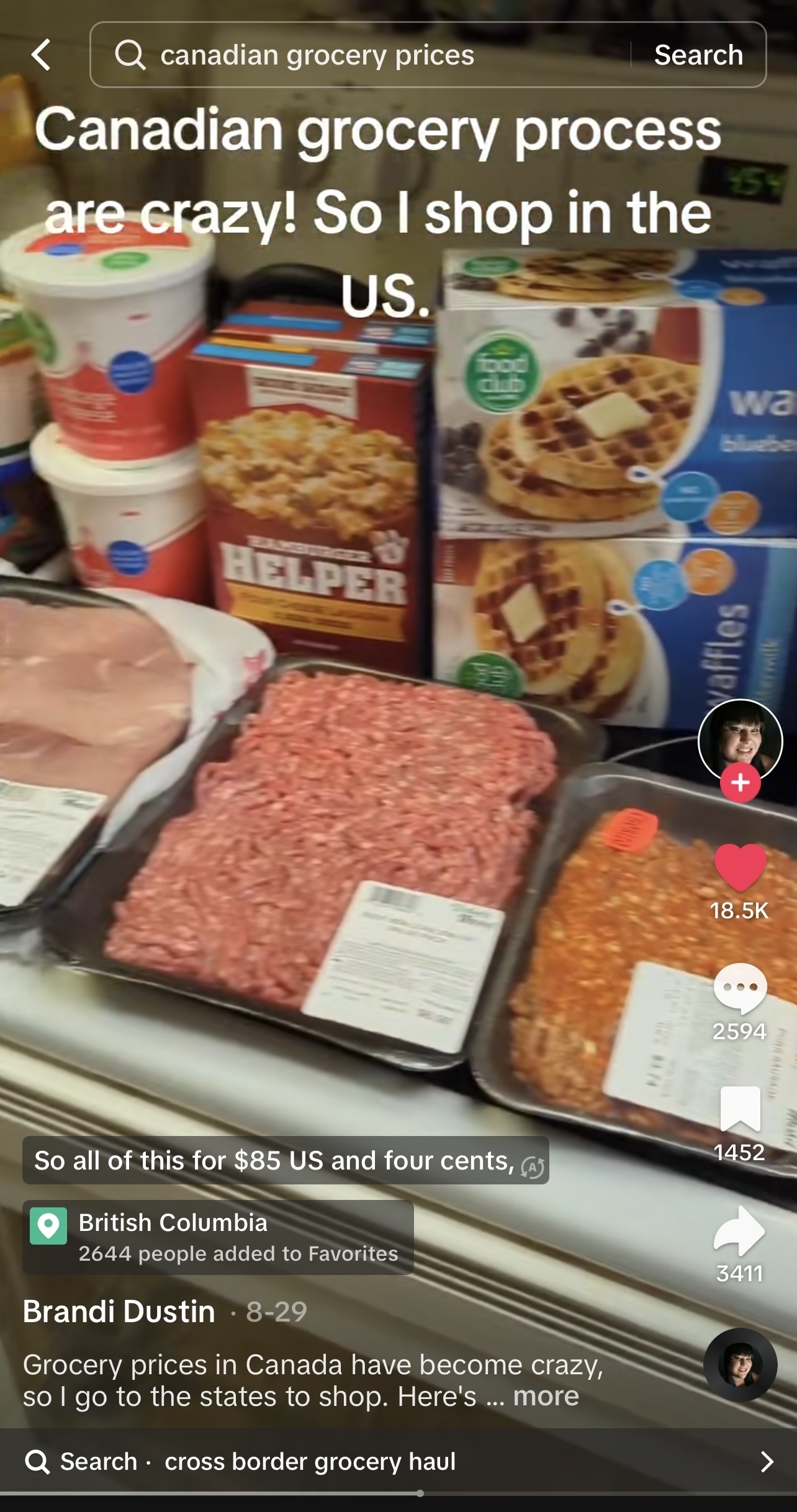 TikTok screenshot of grocery bought pork chops, ground beef, and chorizo.