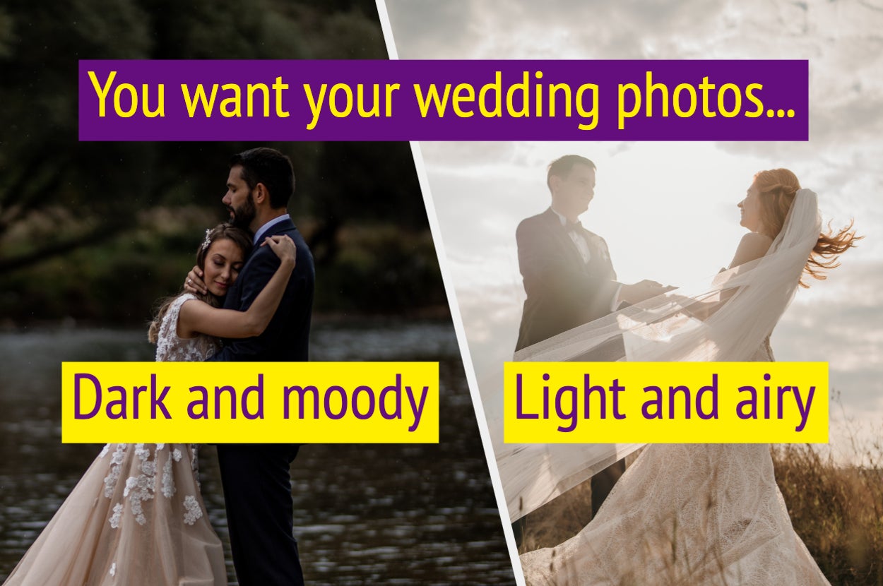Dark and moody wedding photo by the water and light and airy wedding photo in a field.
