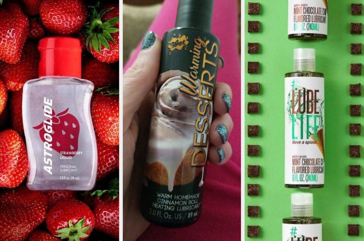 astroglide strawberry lubricant, reviewer holding wet cinnamon roll lubricant, and bottles of hashtag lube life mint chocolate chip lubricant