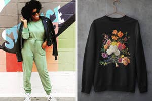 to the left: a model in a green matching sweat set, to the right: a black sweatshirt with a floral design on it