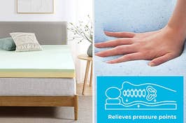 green tea mattress pad and hand sinking into memory foam that relieves pressure point