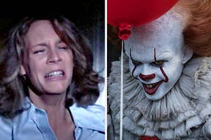Jamie Lee Curtis in "Halloween," crying, next to a separate image of Pennywise in 2017's "It"