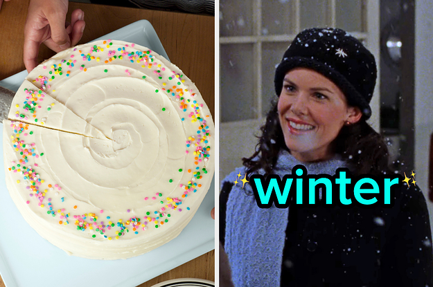 On the left, someone cutting into a vanilla cake with sprinkles along the outside, and on the right, Lorelai Gilmore smiling as she stands outside in the snow labeled winter