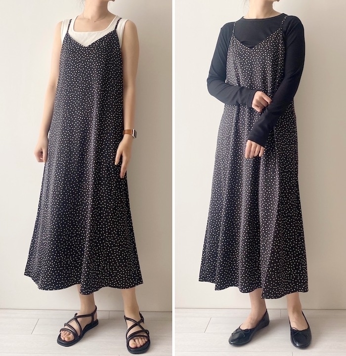 GU（ジーユー）のおすすめワンピース「ドットプリントサテンキャミソールワンピース」