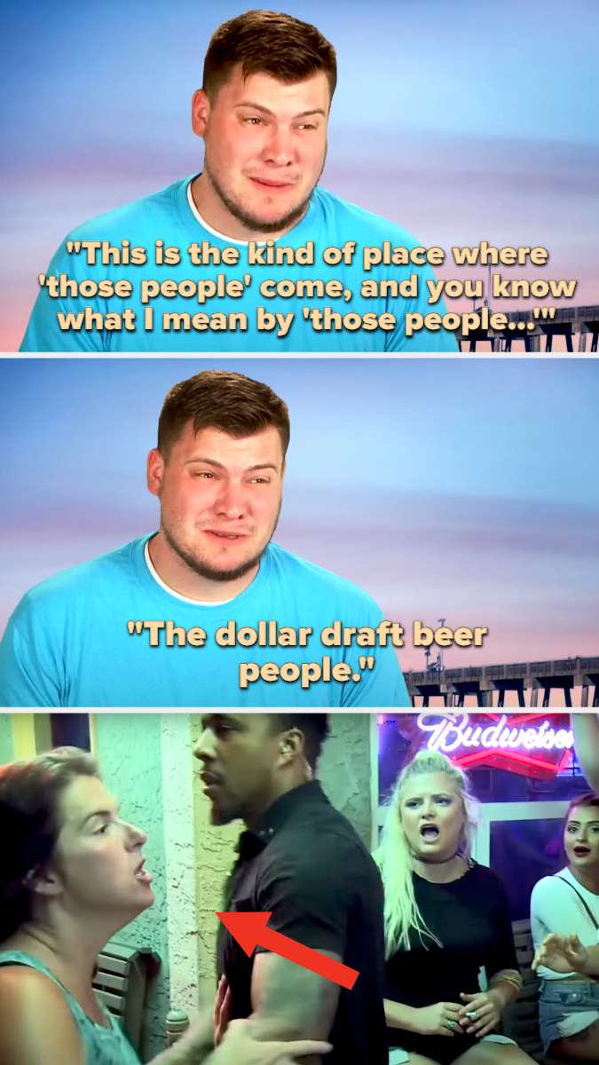 a bouncer holding back a woman at the bar