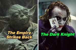On the left, Yoda smiling softly in The Empire Strikes Back, and on the right, Heath Ledger holding up a card in The Dark Knight