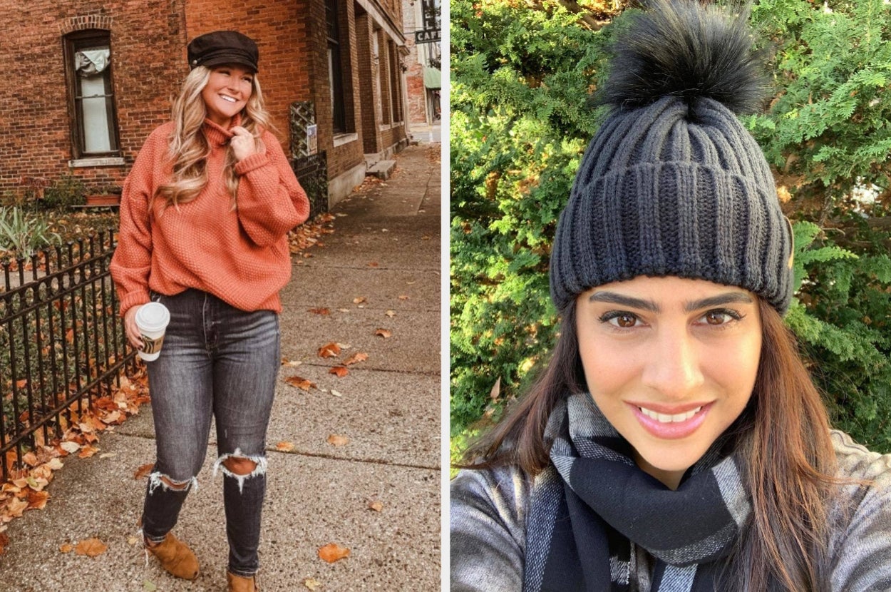 on the left an orange turtleneck sweater, on the right a black beanie with a faux fur puff on top