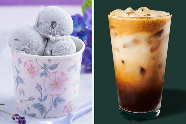 On the left, some lavender ice cream, and on the right, an Iced Brown Sugar Oat Milk Shaken Espresso from Starbucks