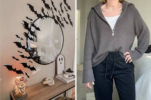 on left: bat-shaped decals on wall next to circle mirror. on right: reviewer wearing half-zip gray pullover with joggers