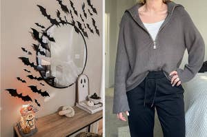 on left: bat-shaped decals on wall next to circle mirror. on right: reviewer wearing half-zip gray pullover with joggers