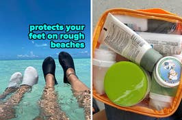 water shoes on the left and clear toiletry bag on the right