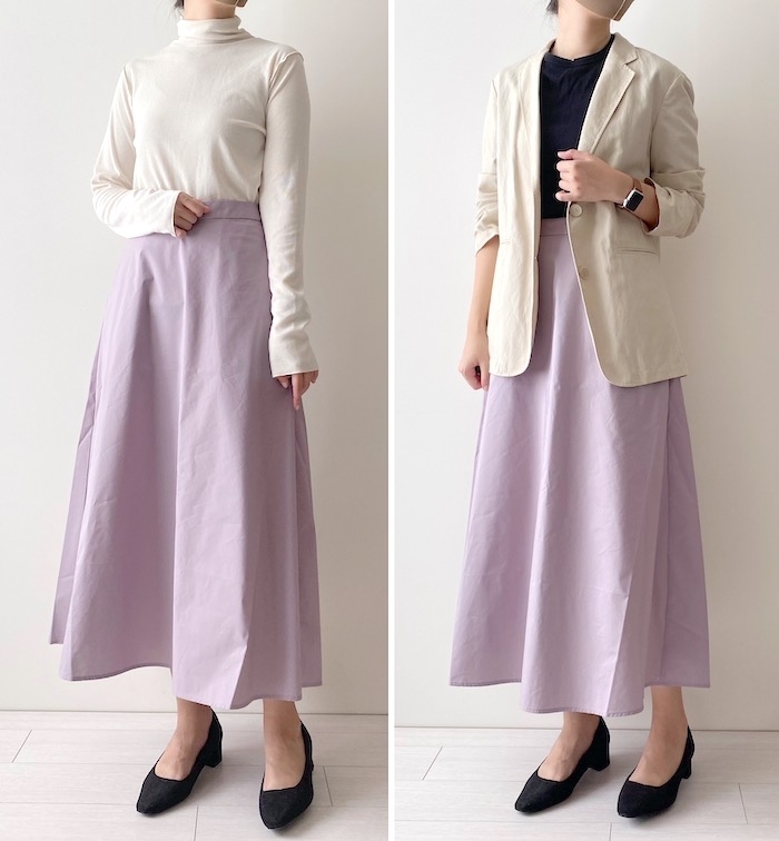 無印良品のオススメのスカート「乾きやすいフレアスカート」のコーディネート