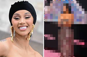 Cardi B smiles for a photo vs Cardi B poses on the red carpet with her hands wrapped around herself