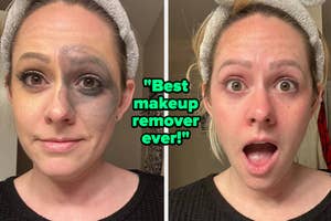 reviewer's before and after showing their face with makeup half removed, then a completely clean face and their quote "best makeup remover ever"