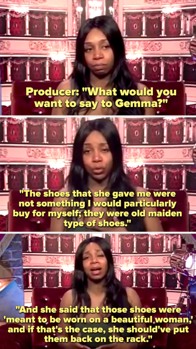 new york saying she&#x27;s doesn&#x27;t like the shoes anyway and if gemma said they were meant to be worn by a beautiful woman then she needs to put them back on the rack