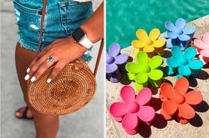 to the left: a rattan circle bag, to the right: a set of floral claw clips