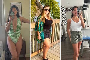 from left to right: reviewer wearing green and white zebra-print hater one-piece swimsuit, reviewer wearing black, yellow, and green leaf-print cardigan, reviewer wearing dark green shorts and white tank top