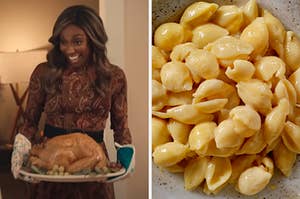 On the left, Ego Nwodim holding a turkey on a platter in an SNL sketch, and on the right, some mac n cheese shells