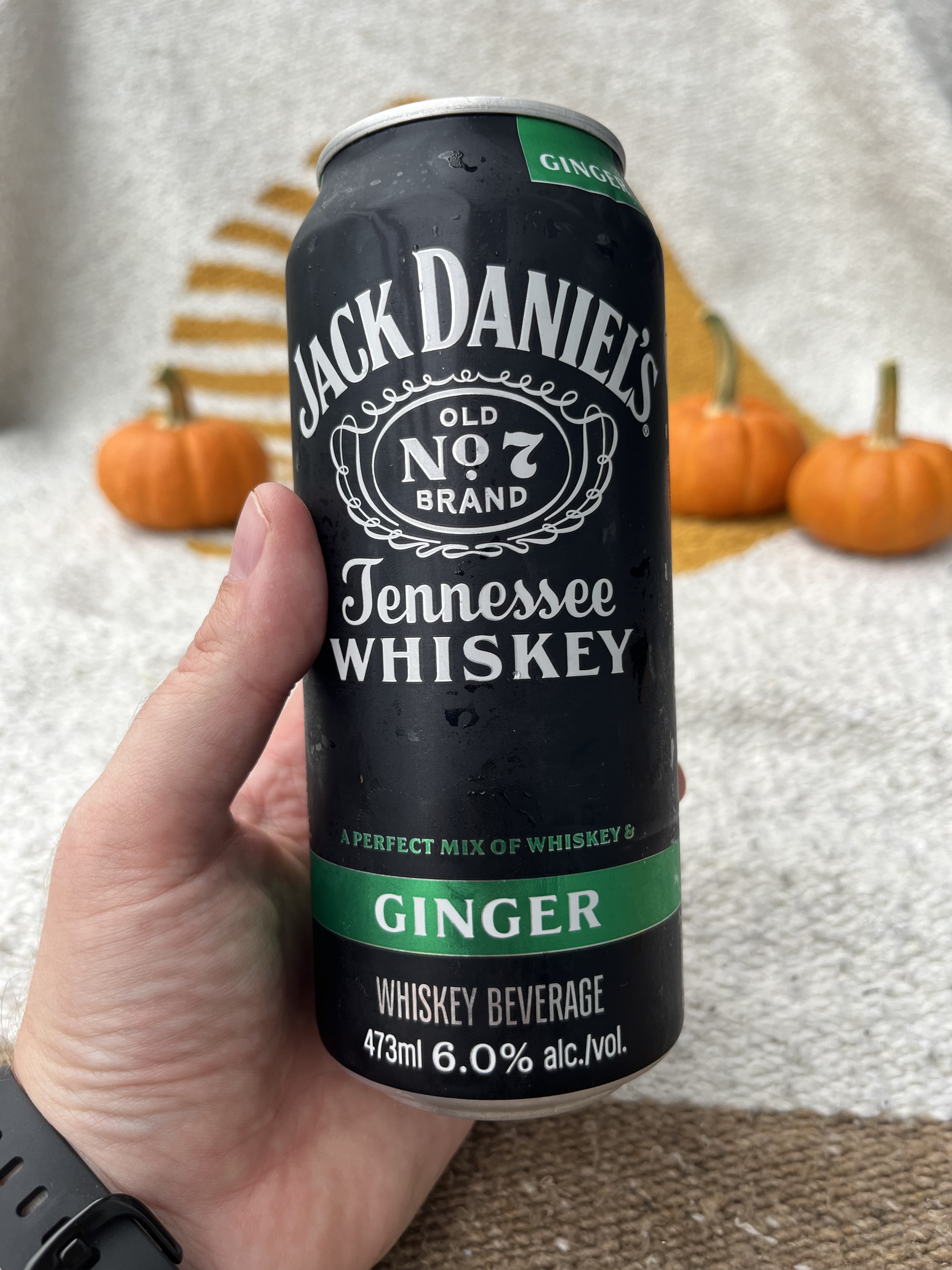 hand holding a can of whisky and ginger