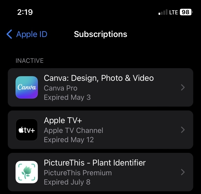 Subscriptions I once had including Canva, Apple TV+, and PictureThis Plant Identifier